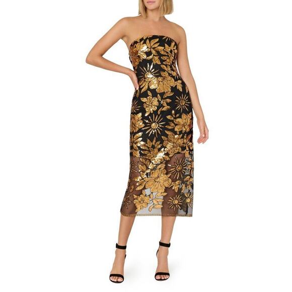 MILLY Sz 0 XS Kait Dress Gold Black Sequin Holiday Nights Strapless Midi - Picture 10 of 11